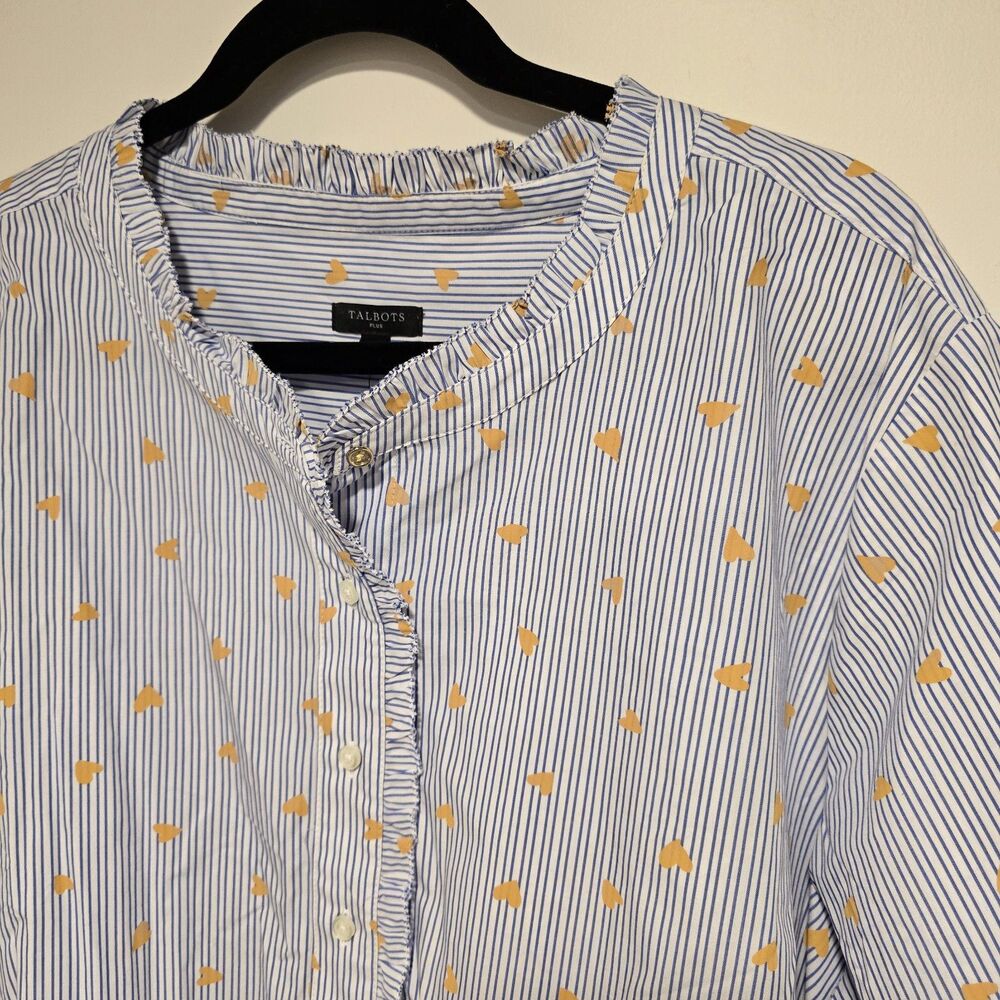 Talbots Size 3X Ruffle Band Collar Poplin Button Down Stripe Gold Heart Cotton - Picture 2 of 10